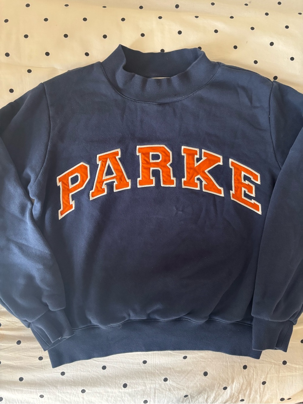 Parke Navy Crewneck Sweatshirt with Orange Lettering Size S/M